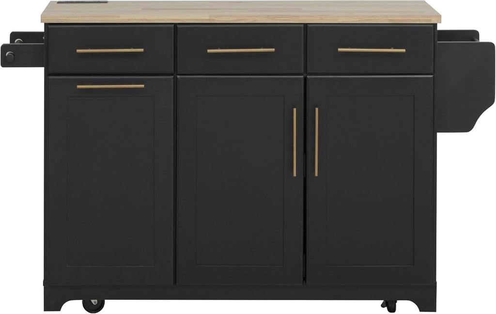 Merax 59.3" Black Kitchen Island with Storage, 2 Pull Out Cabinet Organizers & Rubber Wood Drop Leaf, Rolling Island Table with Trash Can Storage, Power Outlet, Spice & Towel Rack for Kitchen Dining