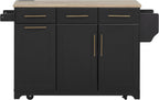 Merax 59.3" Black Kitchen Island with Storage, 2 Pull Out Cabinet Organizers & Rubber Wood Drop Leaf, Rolling Island Table with Trash Can Storage, Power Outlet, Spice & Towel Rack for Kitchen Dining