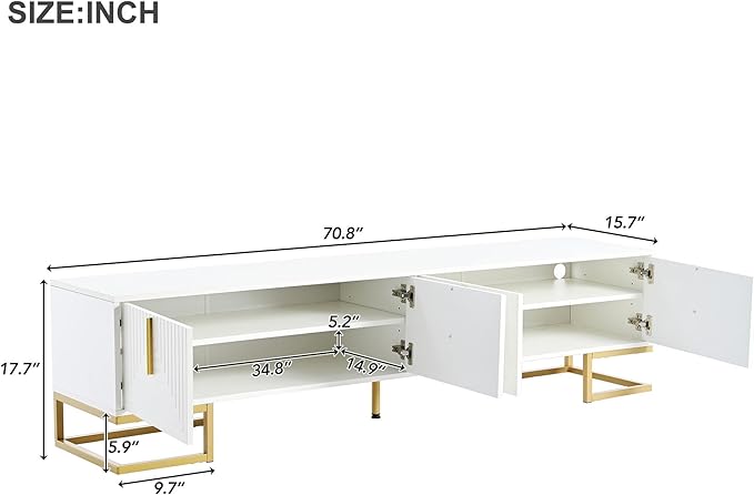 ON-TREND Modern TV Stand with Metal Legs and Gold Handles for TVs Up to 80'', Media Console Table with Cabinets and Adjustable Shelves, Luxury TV Cabinet with Geometric Lines for Living Room, White