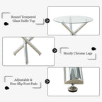 Modern Luxury Round Glass Dining Set for 6, 7 Pieces Clear Circle Glass Kitchen Table with Beige Faux Leather Chairs Set, 47'' Minimalist Circular Dinner Room Set, for Large Place (Silver)