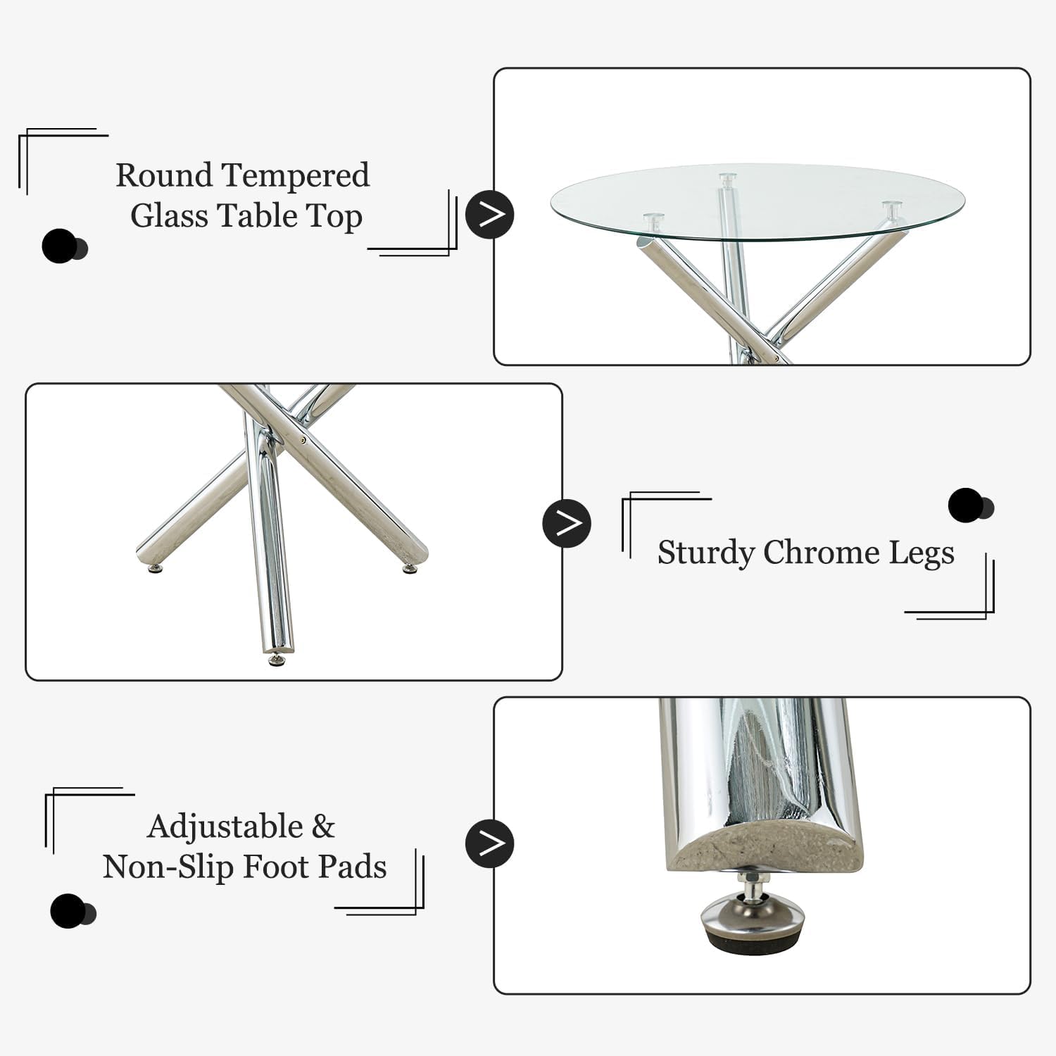 Modern Luxury Round Glass Dining Set for 6, 7 Pieces Clear Circle Glass Kitchen Table with Beige Faux Leather Chairs Set, 47'' Minimalist Circular Dinner Room Set, for Large Place (Silver)