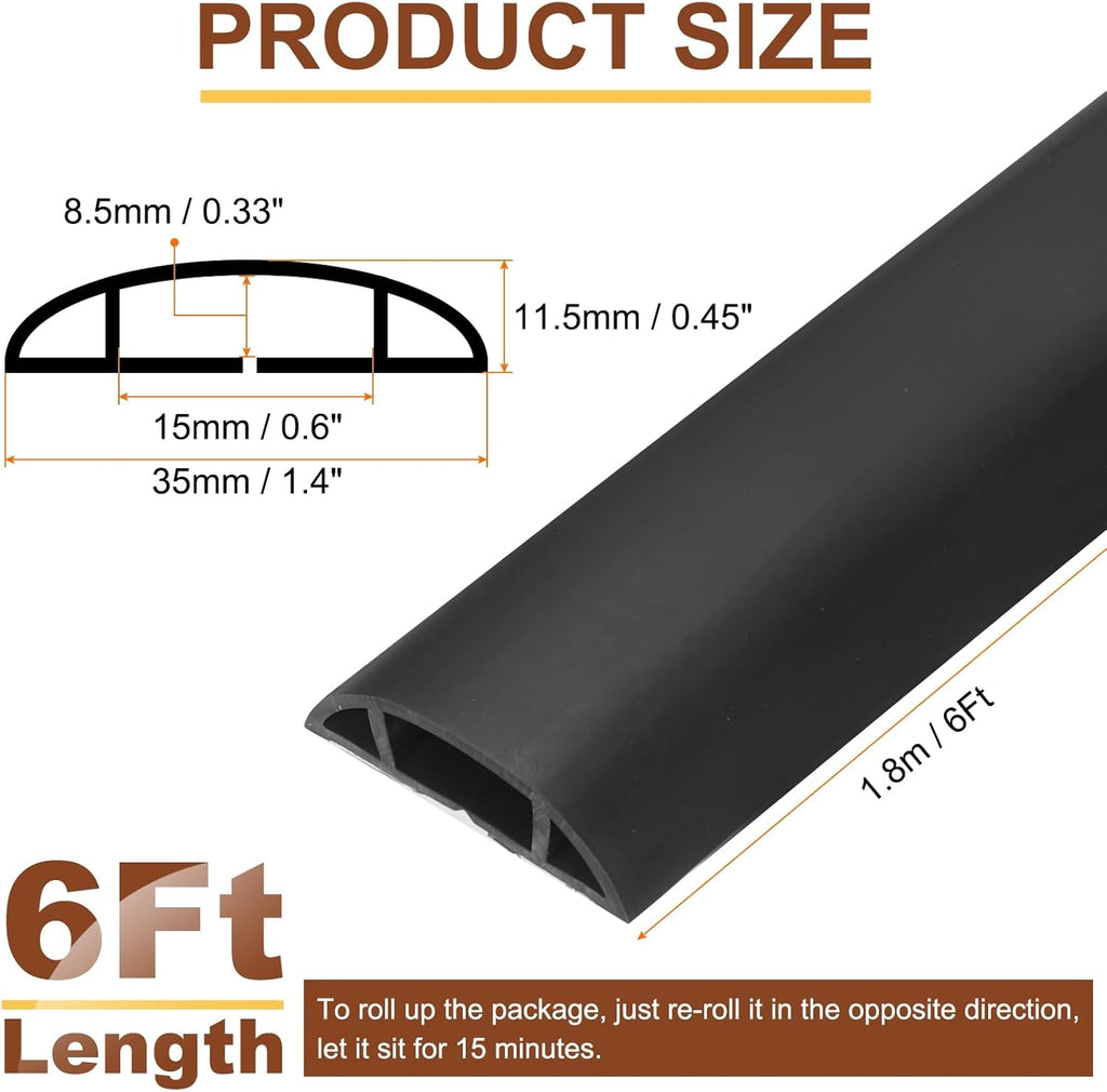 HARFINGTON 6ft Cord Cover Floor W0.6 x H0.33 Inner Channel PVC Hide Extension Cable Floor Wire Hider Wire Covers Protector for Prevent Cable Trips Cables Management, Black