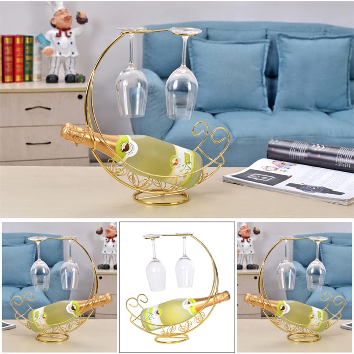 Metal Wine Rack, Tabletop Wine Glass Holder, 1 Bottle+2 Cups Glod | Wine holder countertop，wine bottle decorative,wine bottle and glass holder，wine bottle holder counter，wine drying racktop