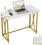 Folding Desk, 31.5" Small Desk for Bedroom with Power Outlet, Space Saving Foldable Computer Desk for Home Office, Easy Assembly, White and Gold