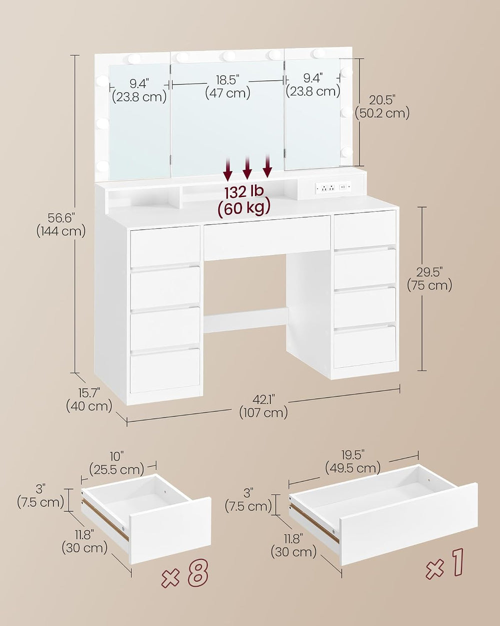 VASAGLE Kailyn Collection - Vanity Desk with Tri-Fold Mirror, Makeup Table wi...