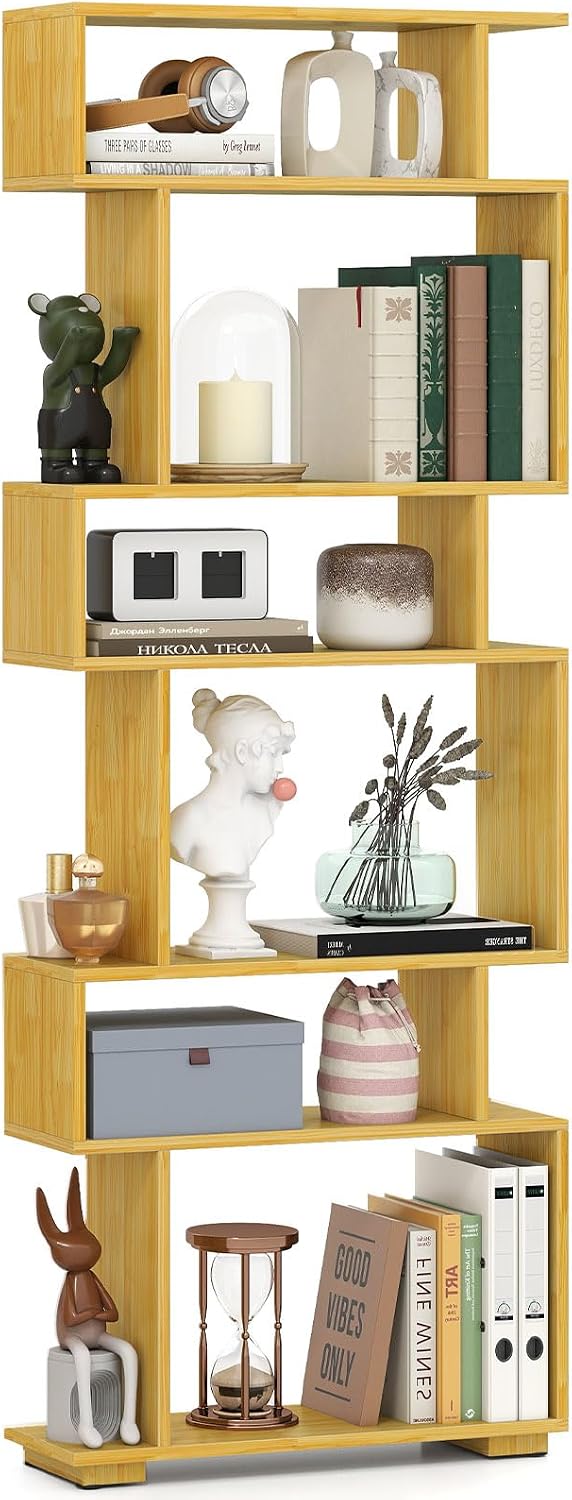 GIANTEX 6-Tier Geometric Bookshelf, S-Shaped Bookcase with 2 Anti-Tipping Kit...