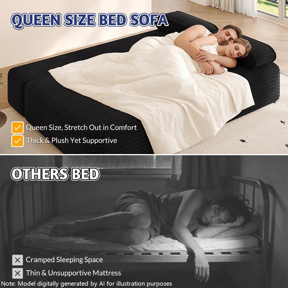 78.7'' Couches Queen, Corduroy Futon Sofa Bed, Modern Floor Couch, Cl...