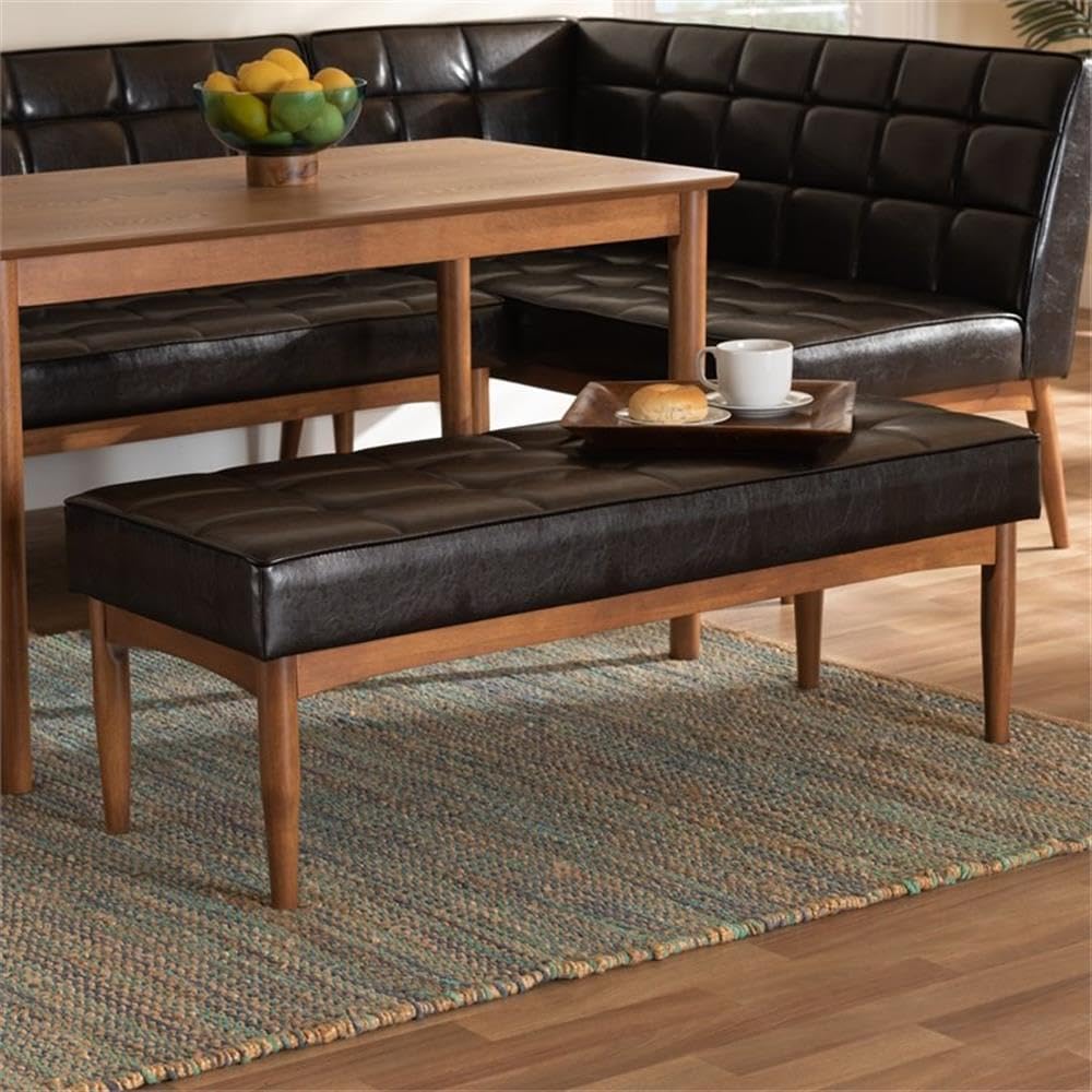 BOWERY HILL Wood Dining Bench, Walnut Brown Finish, Faux Leather Upholstery, ...
