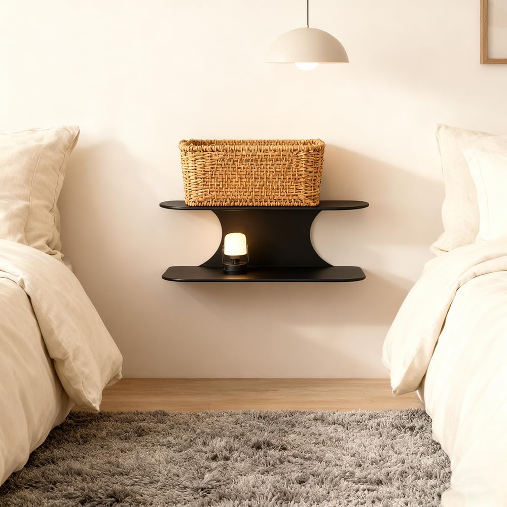 Simple Metal Floating Nightstands Set of 2, Wall Mounted Black Bedside Shelf for Bedroom, Minimalist Modern Bedside Stand, Floating Shelf with 2 Tier Storage for Bedroom (Black, Set of 2)