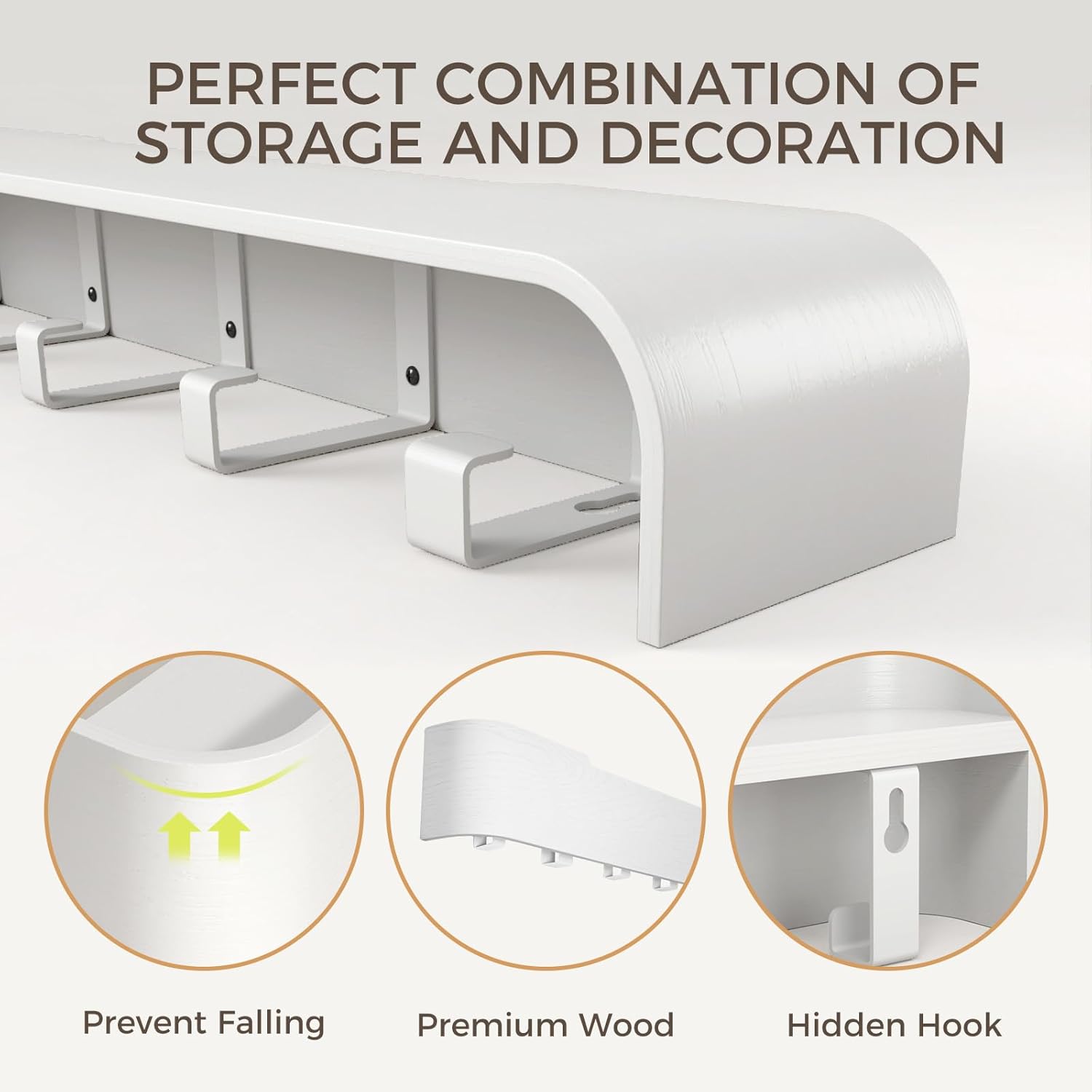 Wall Coat Rack Floating Shelves Modern Coat Rack Wall Mount with Storage Entryway Shelf Wooden Hanger 20 Inch 4 Hidden Metal Hooks for Living Room Bedroom (White, 5 Hooks)