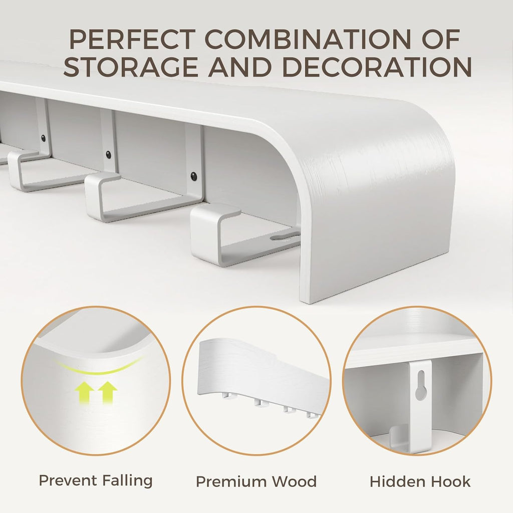 Wall Coat Rack Floating Shelves Modern Coat Rack Wall Mount with Storage Entryway Shelf Wooden Hanger 20 Inch 4 Hidden Metal Hooks for Living Room Bedroom (White, 8 Hooks)