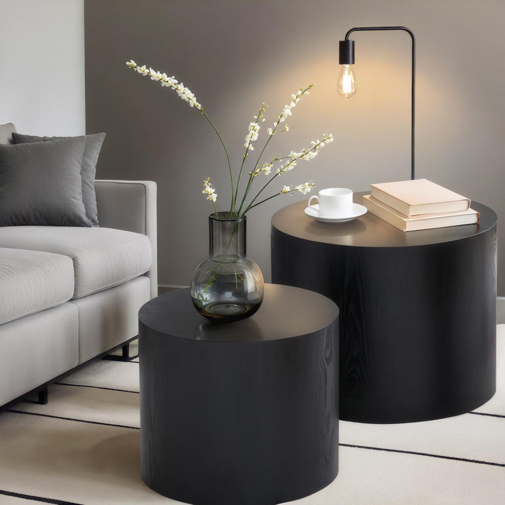 Wood Nesting Coffee Table Set of 2, Modern Round Coffee Table with Non-Slip F...