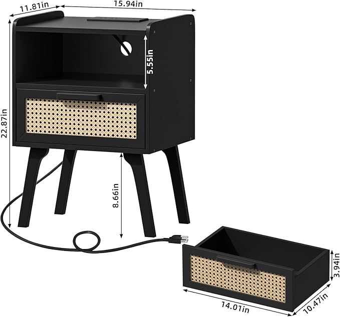 Lerliuo Rattan Nightstands Set of 2 with Charging Station, Black Bedside Tabl...