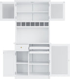 LUMISOL Farmhouse Kitchen Pantry Cabinet with Wine Rack, Freestanding Buffet with Hutch and Adjustable Shelves, Kitchen Hutch with Pull-Out Bottle Trays for Dining Room, 35.4x17.7x74.8 in, White