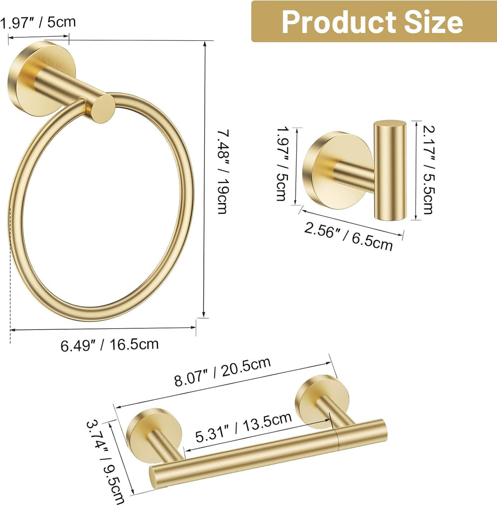 Brushed Gold Bathroom Hardware Set, Toilet Paper Holder, Towel Ring & Hooks