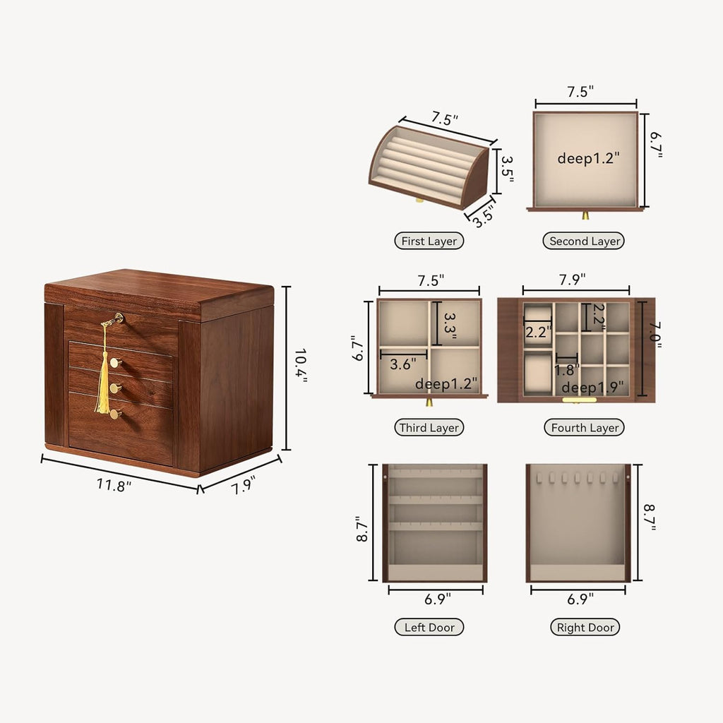 CHOSIN Black Walnut Wooden Jewelry Box, 4-Layer Lockable Organizer with Mirror, Rotatable Ring Holder,Side Doors & Brass Handle, Classical Design for Rings, Necklaces, Earrings, Christmas Gifts