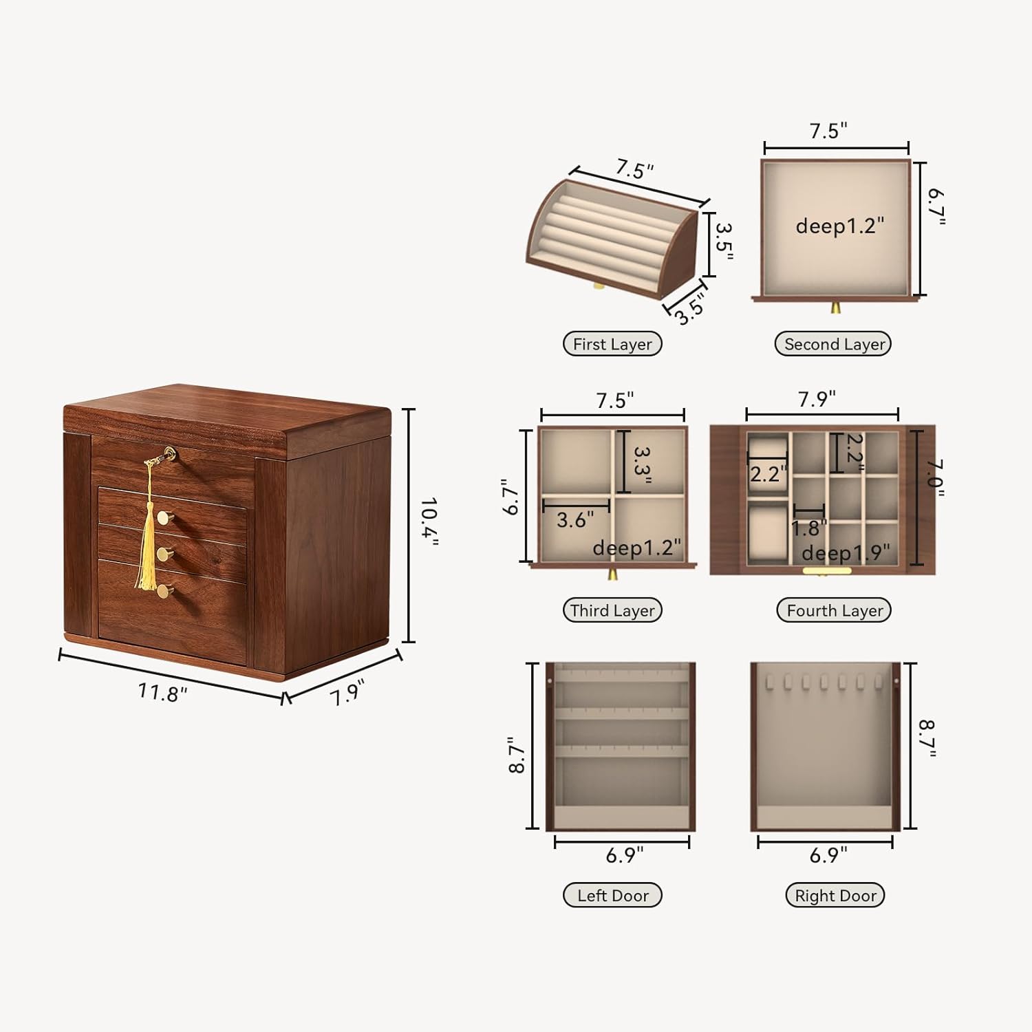 CHOSIN Black Walnut Wooden Jewelry Box, 4-Layer Lockable Organizer with Mirror, Rotatable Ring Holder,Side Doors & Brass Handle, Classical Design for Rings, Necklaces, Earrings, Christmas Gifts