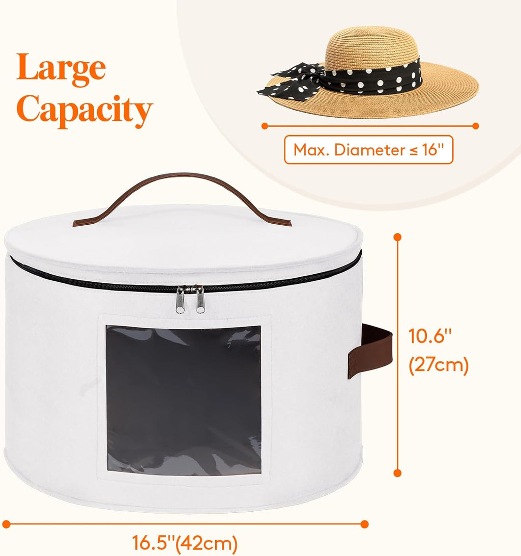 Lifewit Round Cowboy Hat Box for 7 Caps, Large Felt Hat Organizer Bag for Men & Women Storage, Baseball Cap Container with Dustproof Lid for Travel, Foldable 16.5" D x 10.6" H Carrier, White
