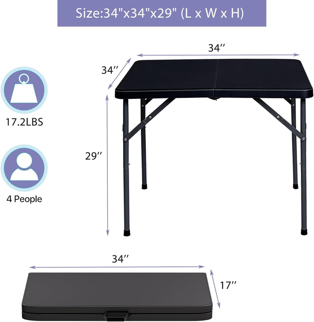 34" Folding Card Table,Square Portable Heavy Duty Plastic Game Table,Black | Portable Desig,Save Space,HDPE Top,Carrying Handle,Removable Legs,Indoor Outdoor Use for Study,Homework,Picnic,Camping, Party