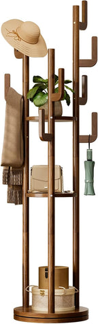 Yoobure Rotary Coat Rack Freestanding - Solid Wood Coat Tree with 9 hooks & 3 Storage Shelves for Purse, Bag, Jacket, Hat, Corner Hanger Stand Racks for Hall, Entryway, Office, Modern Clothes Holder