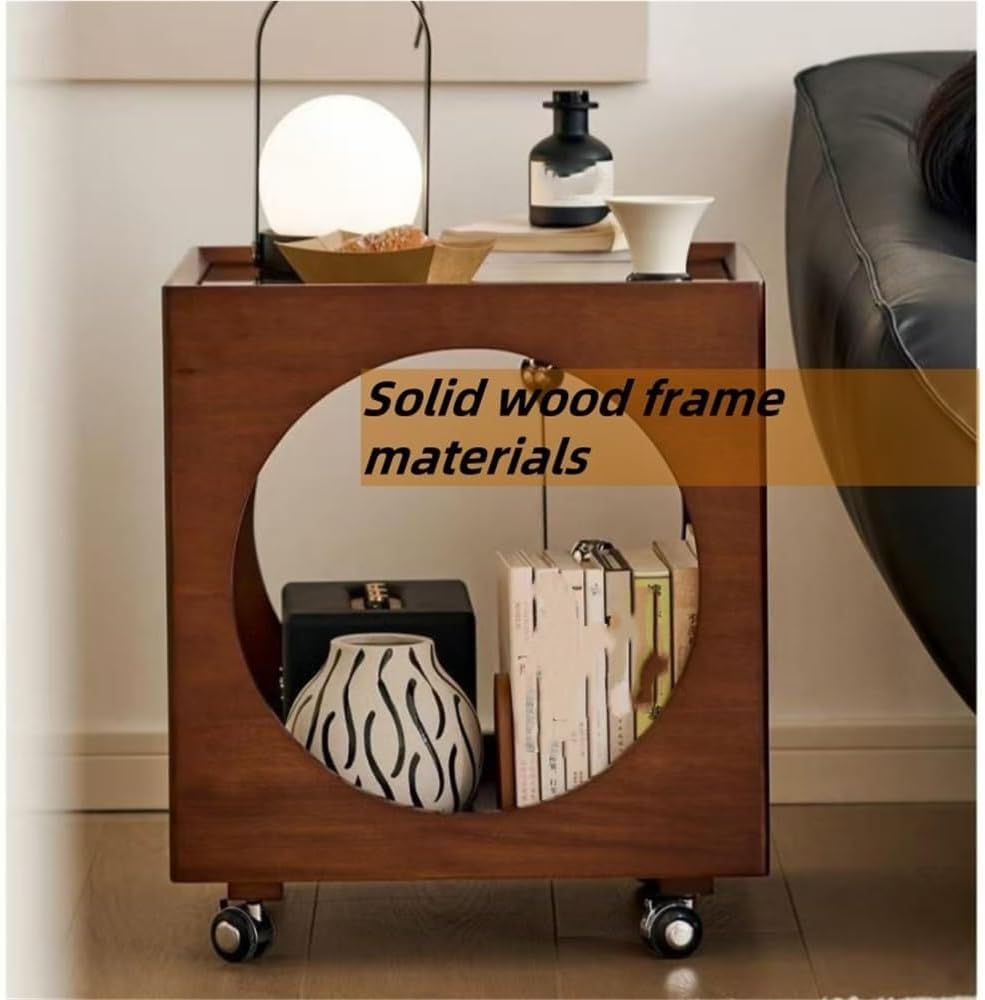 Vintage Rolling Side Table with Glass Top Wood Square Coffee Table 360° Wheel...