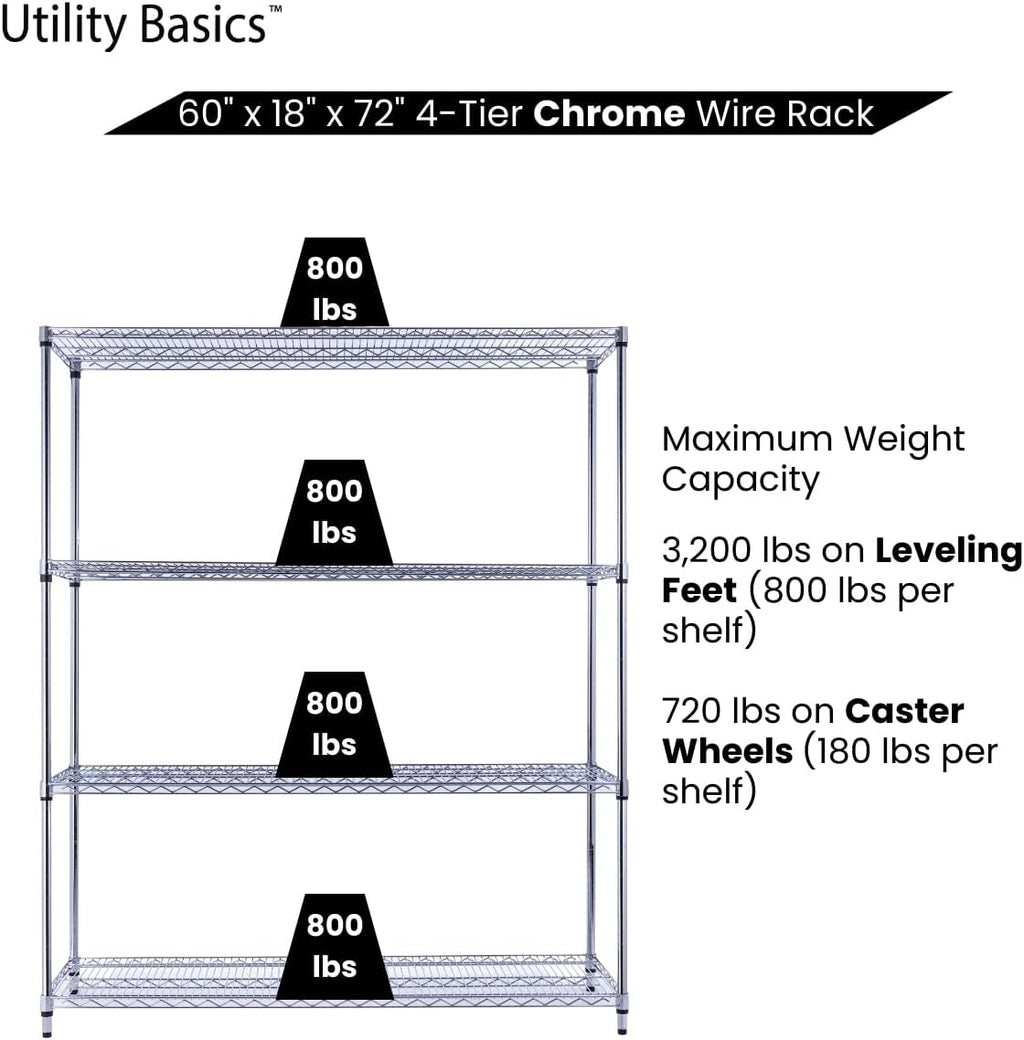 NSF Commercial 4-Tier Wire Shelving with Wheels, 60"x18"x72" Heavy Duty Metal Shelves 3200 lbs Max Capacity, Chrome Storage Rack for Garage Kitchen Pantry Warehouse