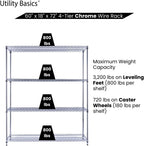 NSF Commercial 4-Tier Wire Shelving with Wheels, 60"x18"x72" Heavy Duty Metal Shelves 3200 lbs Max Capacity, Chrome Storage Rack for Garage Kitchen Pantry Warehouse
