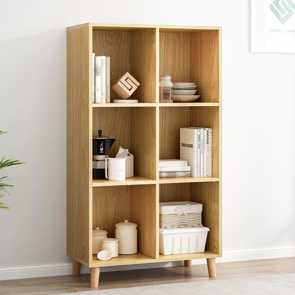 IOTXY Open Cube Low Bookcase - 3-Tier Freestanding Storage Display Cabinet Organizer with Legs for Home Office, 6-Cubes Open Shelf Short Bookshelf, Oak