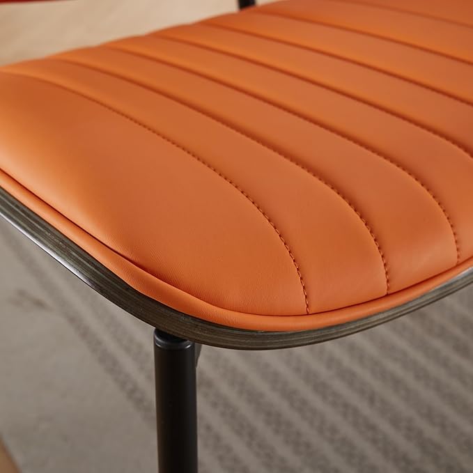 Dining Chairs Set of 8, Mid Century Modern Accent Dining Room and Kitchen Chairs, Upholstered PU Leather Vertical Stripe Chairs for Vanity with Walnut Bentwood and Metal Legs, Orange