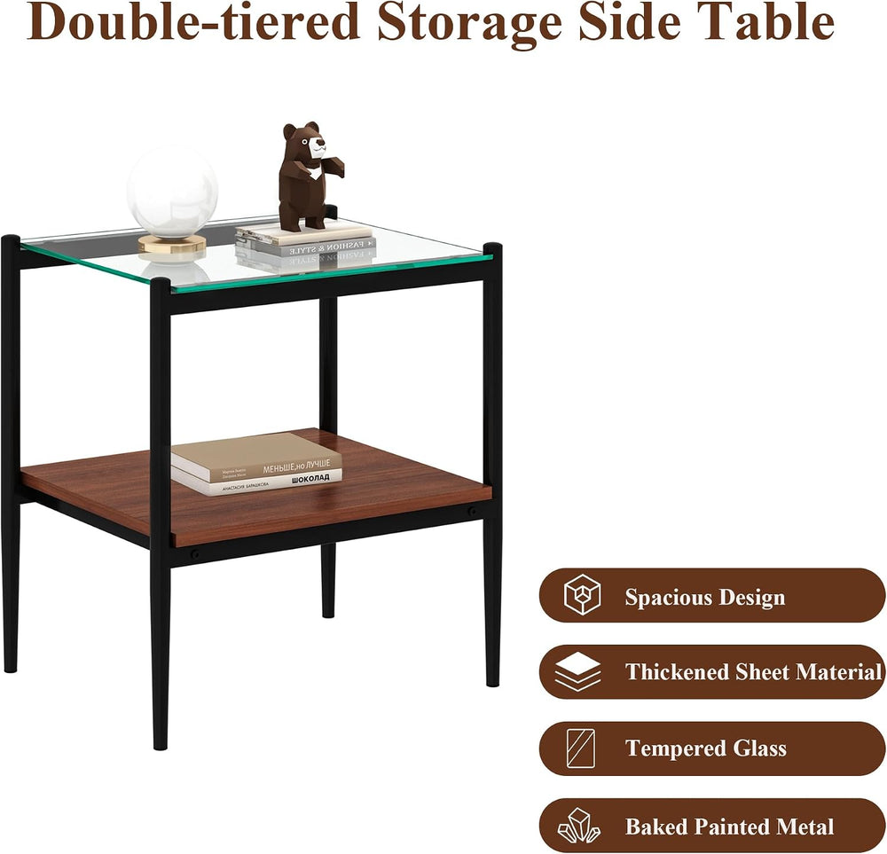 Ywin Rectangle End Table Set of 2, Tempered Glass Tabletop with Layer,Modern ...