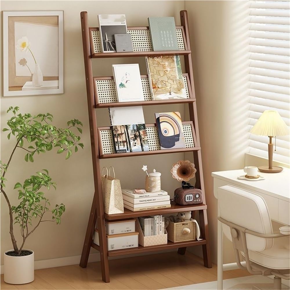 5-Tier Wooden Ladder Shelf with Rattan-Like Design, Large Capacity Open Bookshelf, Floor Magazine Display Stand for Living Room, Office, Library(Color:Natural)