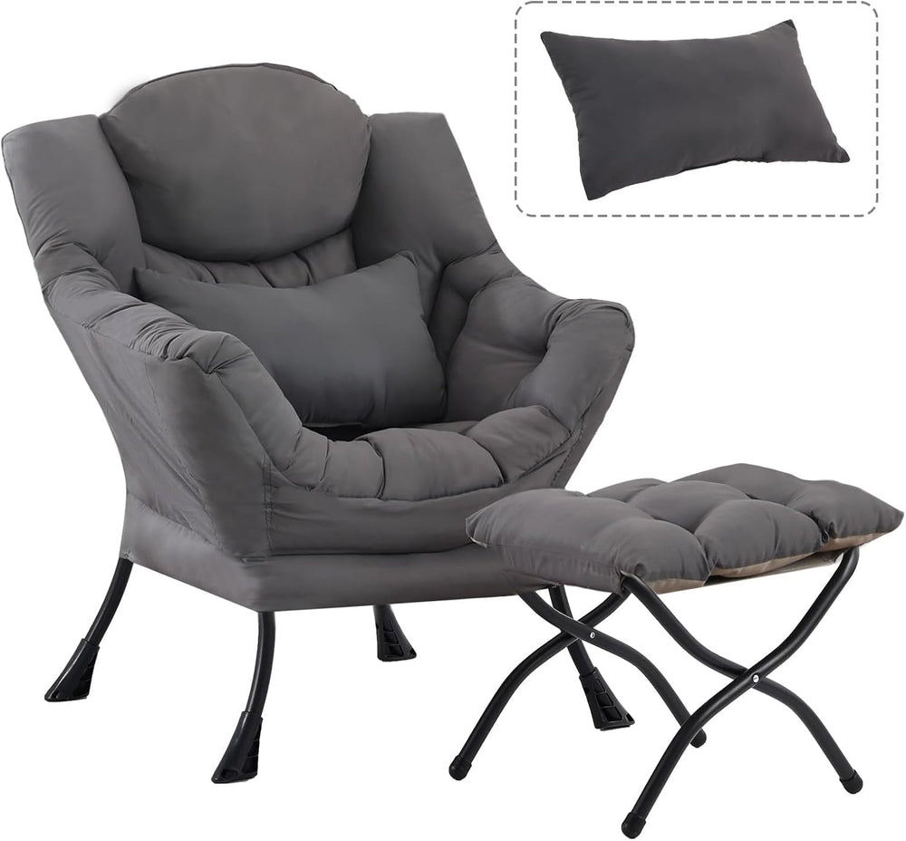 Lazy Chair with Ottoman, Comfy Chair with Pillow，Dark Grey