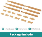 6 Pack Bamboo Drawer Dividers with Inserts, Kitchen Adjustable Drawer Organizers, Expandable Organization for Home, Dressers, 6 Dividers with 12 Inserts
