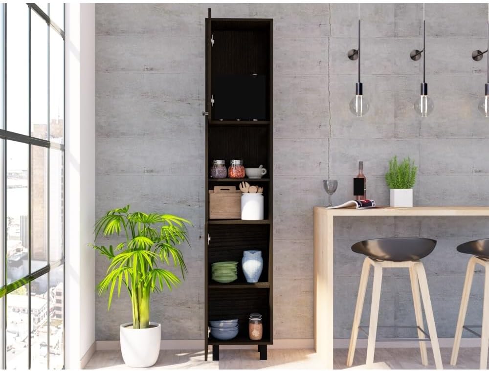 Mid-Century Kitchen Pantry, Storage Cabinet Two Open Storage Shelves, Three I...