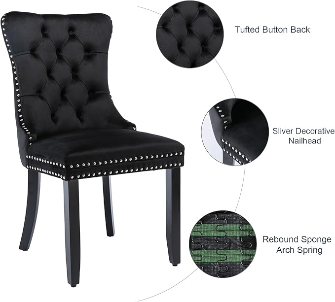 Velvet Dining Chairs Set of 2, Tufted Upholstered Dining Room Chairs with Back Ring Pull, Nailhead Trim and Solid Wood Legs, Modern Dining Chairs for Dining Room, Kitchen(Black)