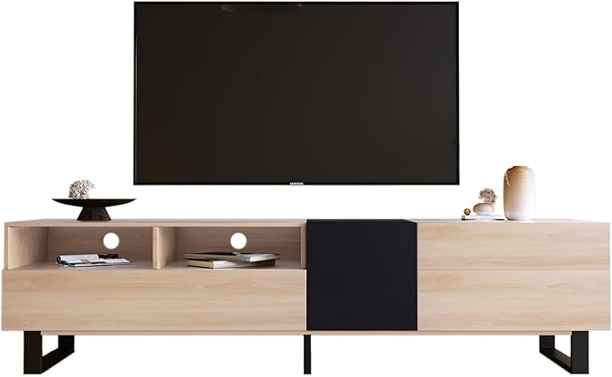 Ball & Cast 70" Modern TV Stand for TVs up to 80", Media Console with Drop-Down Door, 2 Drawers & Adjustable Shelf, Entertainment Center w/Ample Storage for Living Room, Home Theatre, Natural Wood