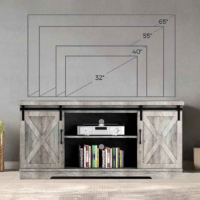 IDEALHOUSE Farmhouse TV Stand, Entertainment Center for 65 Inch TV Media Console Cabinet, White Barn Doors TV Stand with Storage and Shelves, Modern TV Console Table Furniture for Livingroom (Gray)
