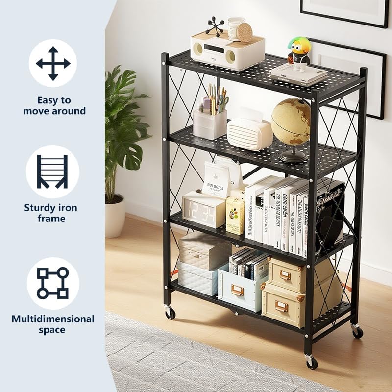 Four-Layer Foldable Storage Metal Shelf with Locking Wheels,Easy Assembly and Move Space-Saving Shelves Organizer Suitable for Kitchen, Pantry and Closet-28.54" L x 14.17" W x 46.06" H