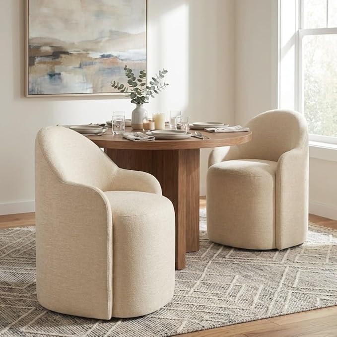 Upholstered Dining Chairs with Casters, No Assembly Modern Dining Room Chairs Accent Vanity Chair with 5 Wheels & Round Backrest for Bedroom, Living Room, Dressing, Sand Fabric, Set of 4
