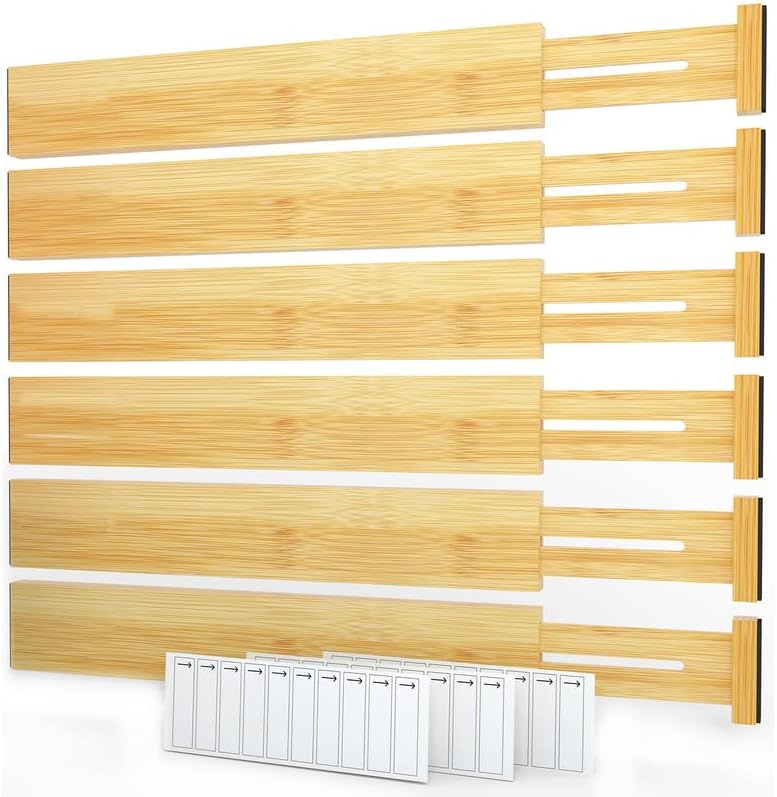 SpaceAid Bamboo Drawer Dividers with Labels, Kitchen Adjustable Drawer Organizers, Expandable Organization for Home, Office, Dressers and Bathroom, 6 Dividers (17-22 in)