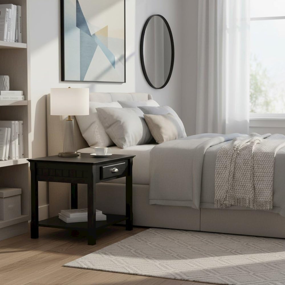 Furnifact Black End Table, Side Table with Drawer and Open Storage Shelf, Squ...