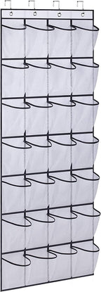 28 Large Pockets Over The Door Shoe Organizer, Hanging Shoe Organizer for Closet, Premium Clear Shoe Rack for Door, Shoes Hanger Organizers Storage Holder for Back of Door and 4 Metal Hook White