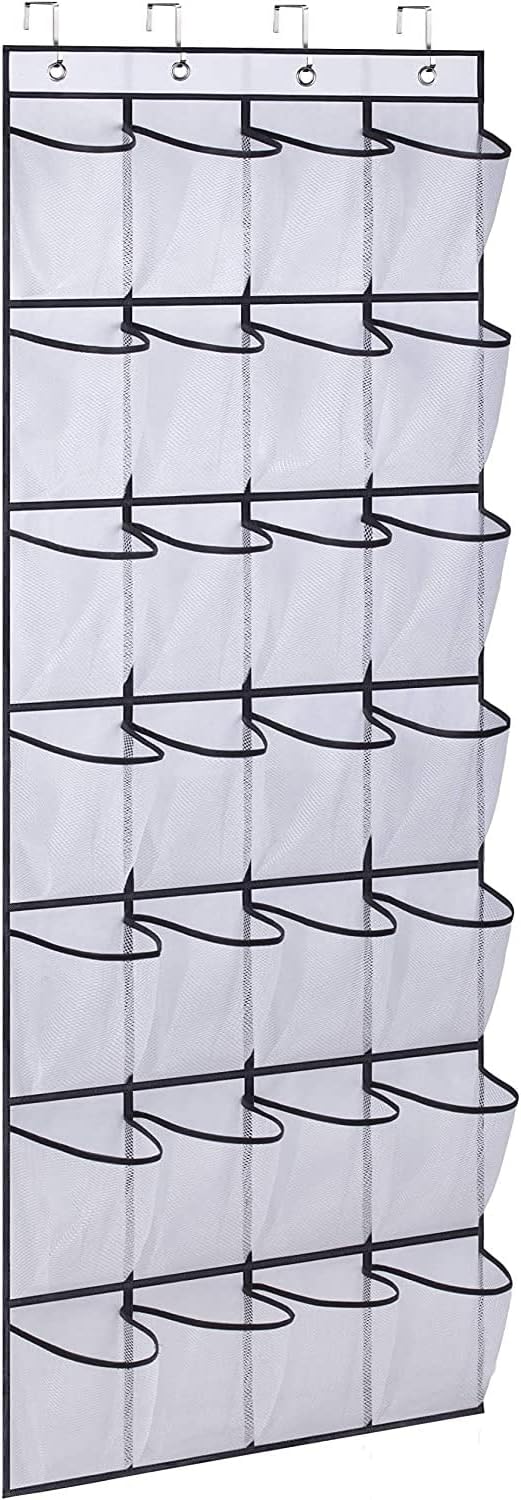 28 Large Pockets Over The Door Shoe Organizer, Hanging Shoe Organizer for Closet, Premium Clear Shoe Rack for Door, Shoes Hanger Organizers Storage Holder for Back of Door and 4 Metal Hook White