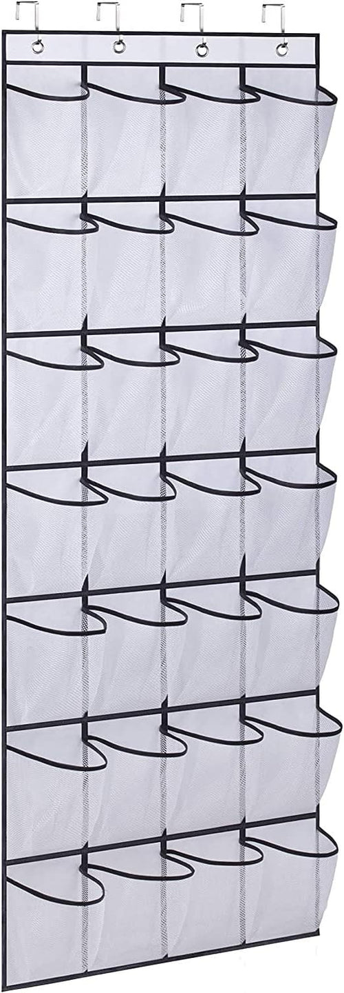 28 Large Pockets Over The Door Shoe Organizer, Hanging Shoe Organizer for Closet, Premium Clear Shoe Rack for Door, Shoes Hanger Organizers Storage Holder for Back of Door and 4 Metal Hook White