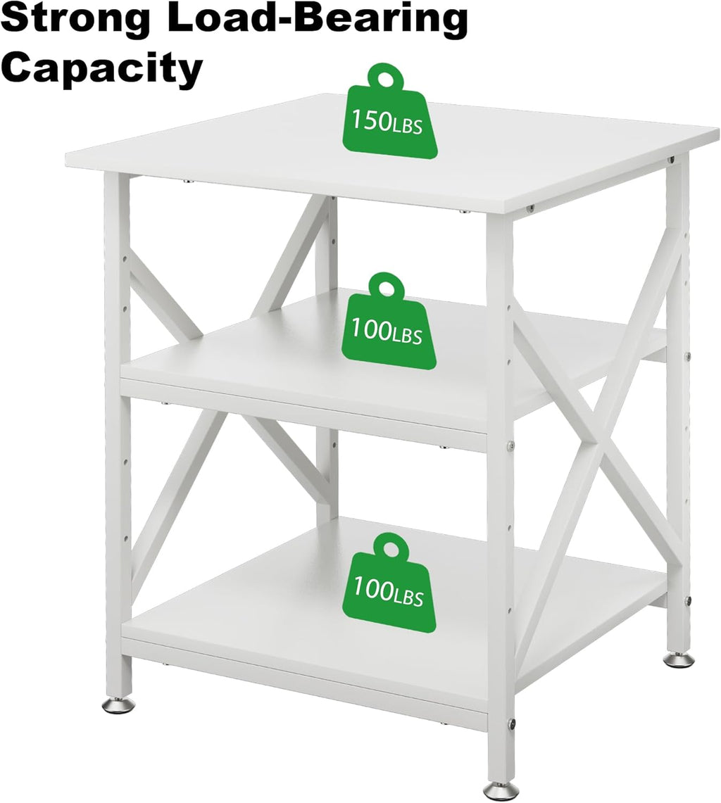Ollieroo 3 Tier Printer Stand, Large Table with Wheels, Rolling Cart with Height Adjustable Middle Storage Shelf, 23.6 x 23.6 x 30.3 Inches Shelf for Home Office, White