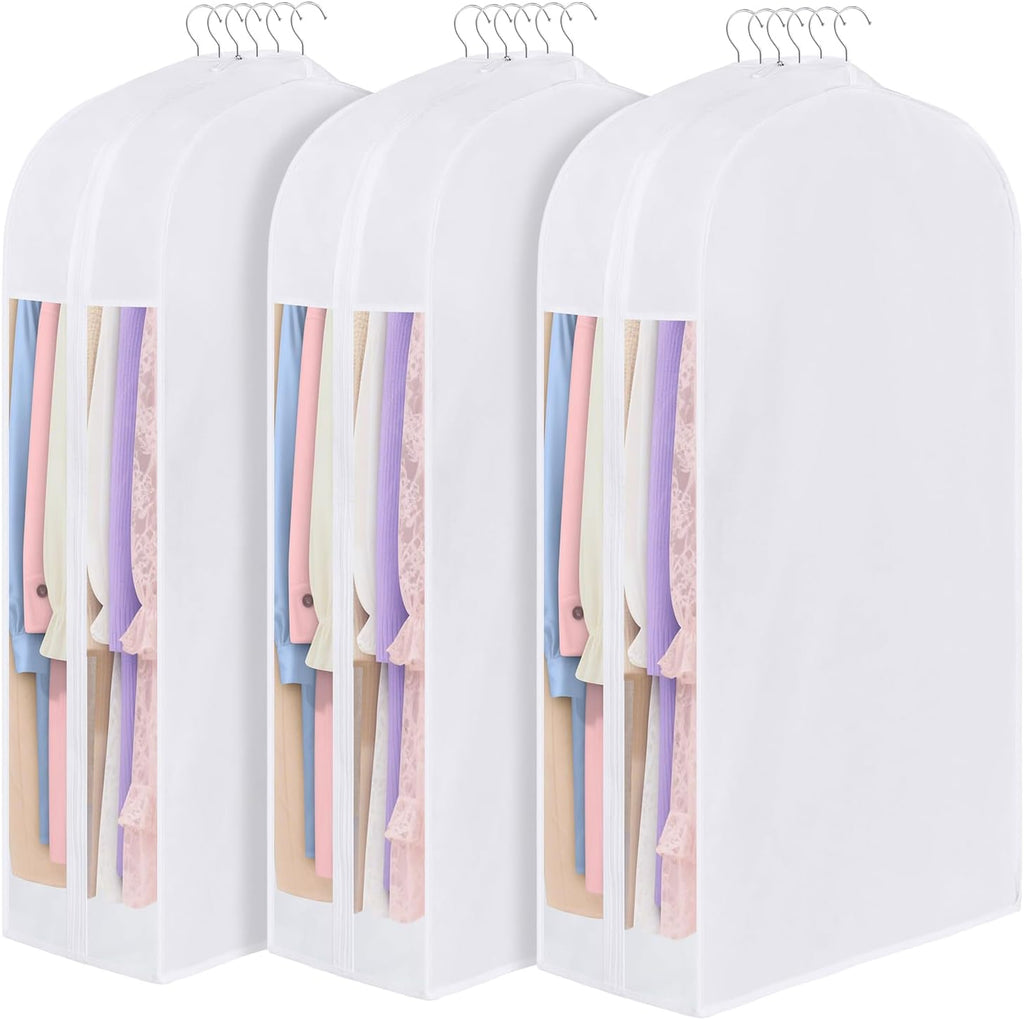 Kntiwiwo 43" Cotton Garment Bag for Hanging Clothes and Storage, Breathable Suit Bags for Closet Storage with 10" Gusseted & Large Clear Window for Suits, Short Dresses, Jackets, Sweaters, 3 Pack