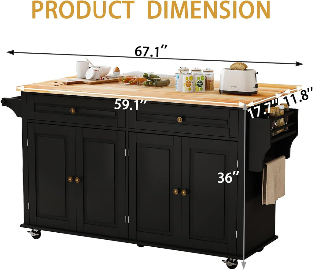 67 Kitchen Island Cart with Drop Leaf Breakfast Bar, Rolling Mobile Kitchen Island Table on Wheels with Storage Cabinet, Drawer, Spice/Towel Rack, Black