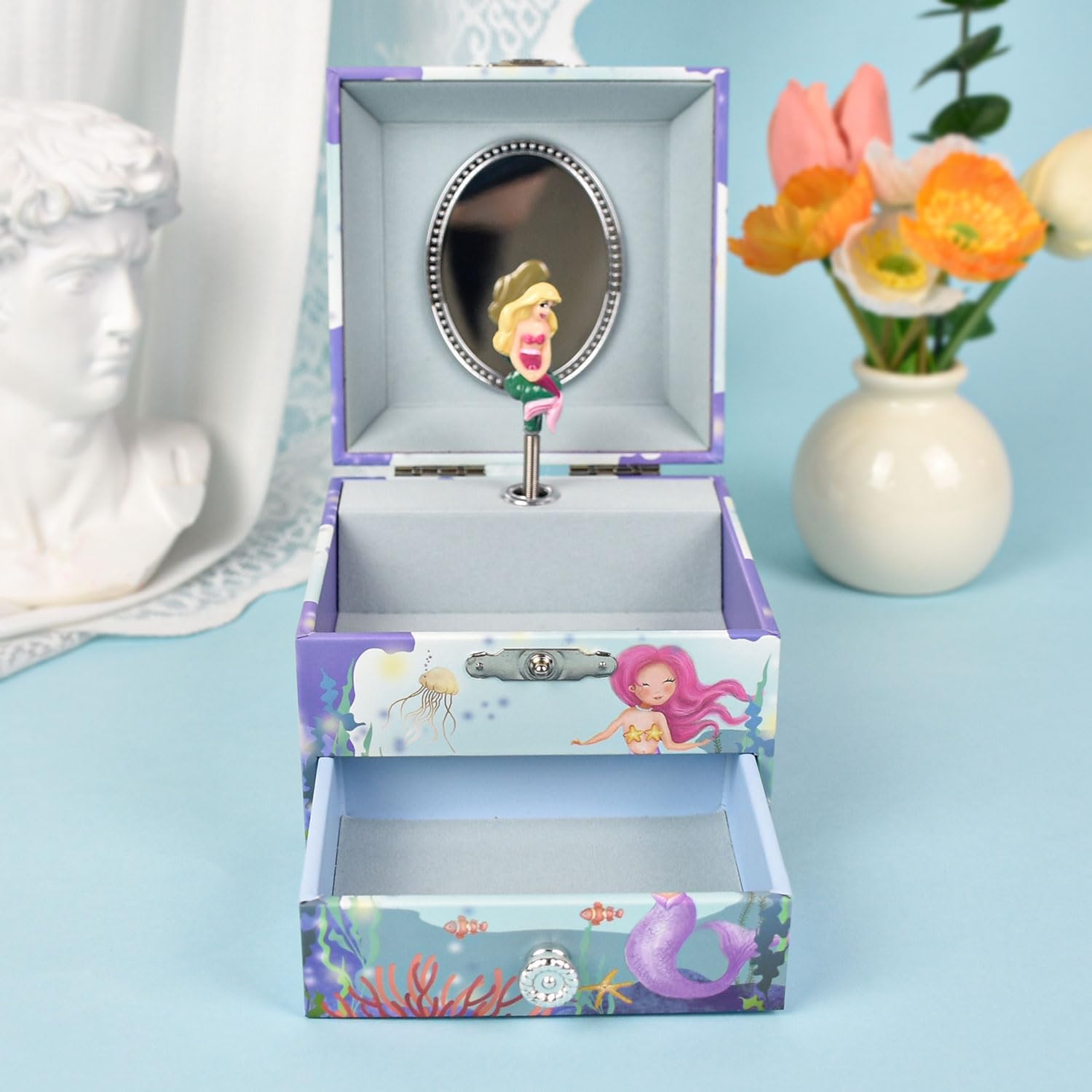 Mermaid Music Box for Girls - Little Mermaid Jewelry Box with Rotating Figurine, Storage Drawer, & Beautiful Dreamer Melody | Ocean Theme Design, 4.13x4.13x3.35 Inches | Musical Jewelry Box