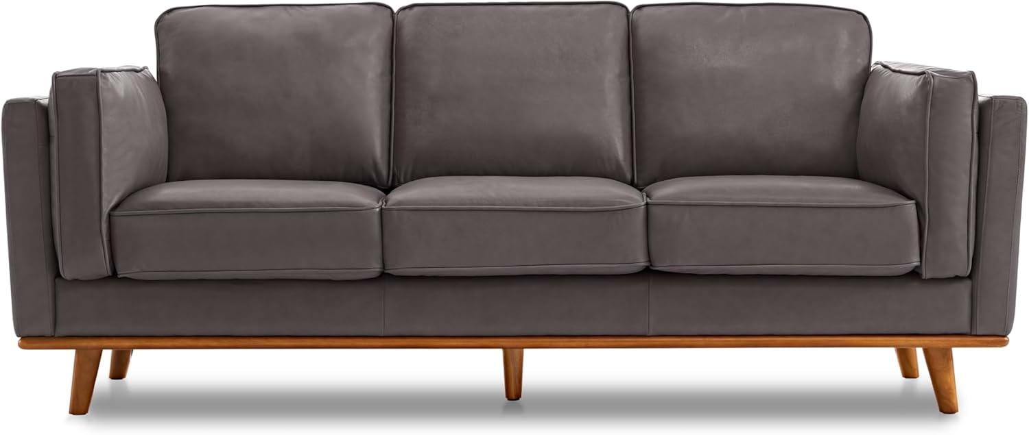 Valencia Artisan Full Leather Sofa 88” - Pure Full Italian Nappa Leather Couch, Solid Wood Accent, Ultimate Comfort, Modern Grey
