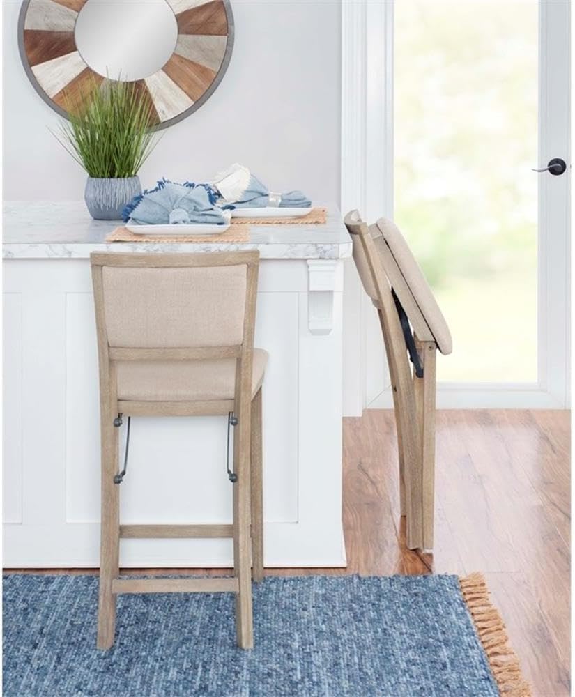 Pemberly Row Folding Counter Stool, Solid Wood Construction, Graywash Finish, Fabric Padded Back and Seat, 37 in Tall, 17 x 20 in Dimensions, Fully Assembled, Easy Storage, Extra Seating for Kitchen